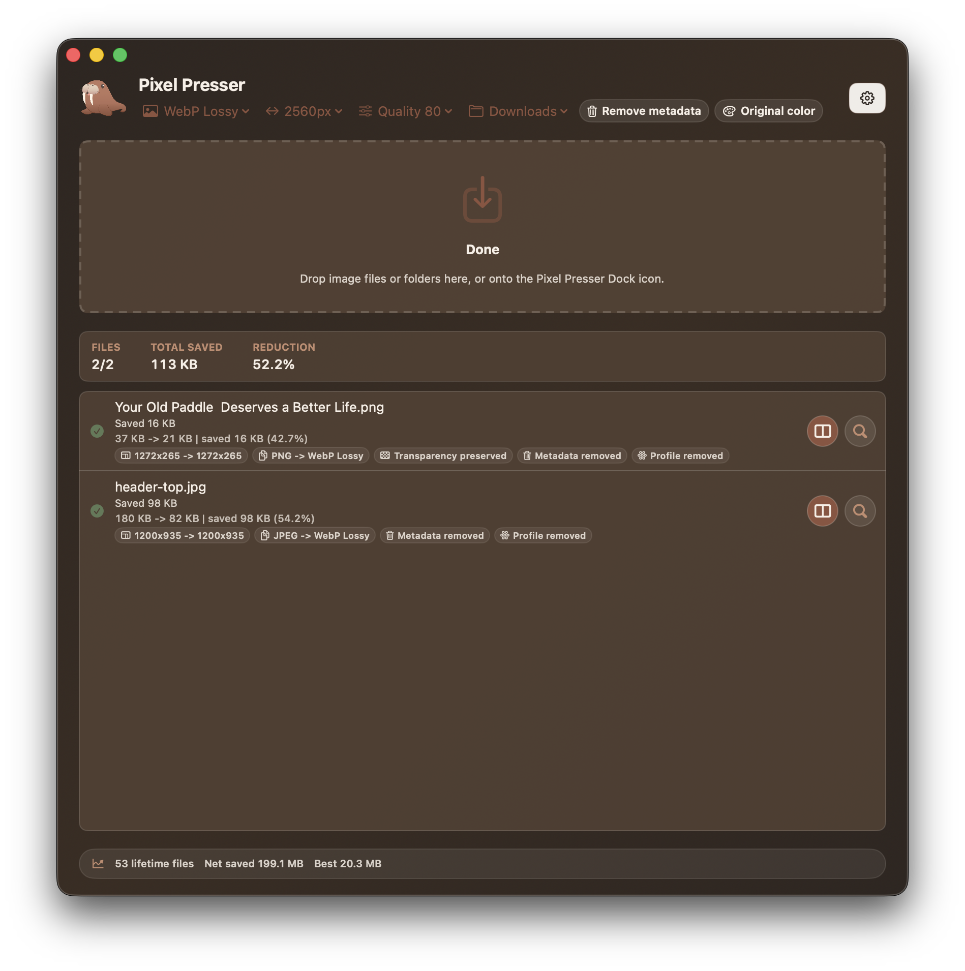 Pixel Presser app window showing image optimization settings and results